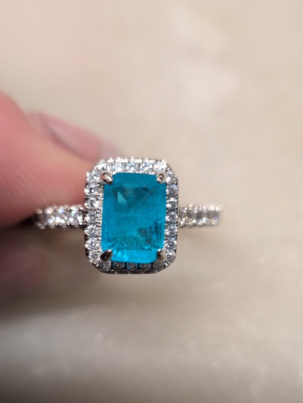 BOGO! NEW! Swiss Blue CZ Emerald Cut With CZ Band Ring Size 5